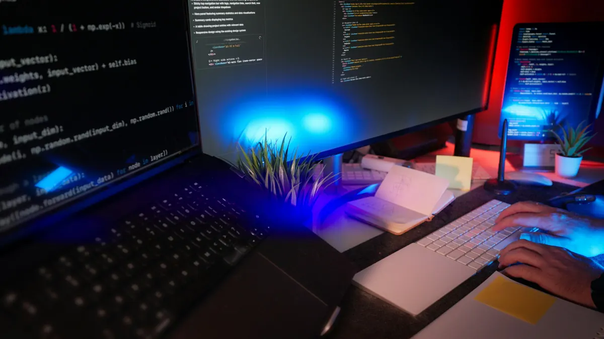 Systemadministrator an mehreren Monitoren arbeitet mit Betriebssystemen im Business-Umfeld