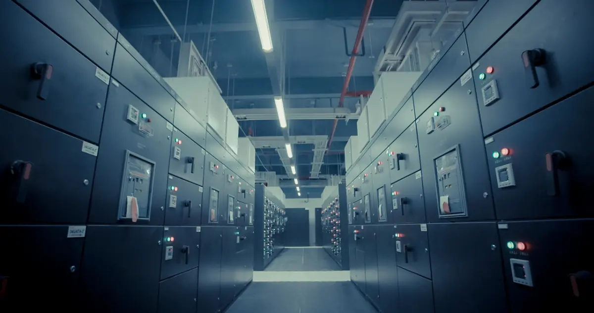 Netzwerkschrank mit Fibre-Channel-Switches und Ethernet-Patchfeld — typischer SAN-Fabric-Aufbau